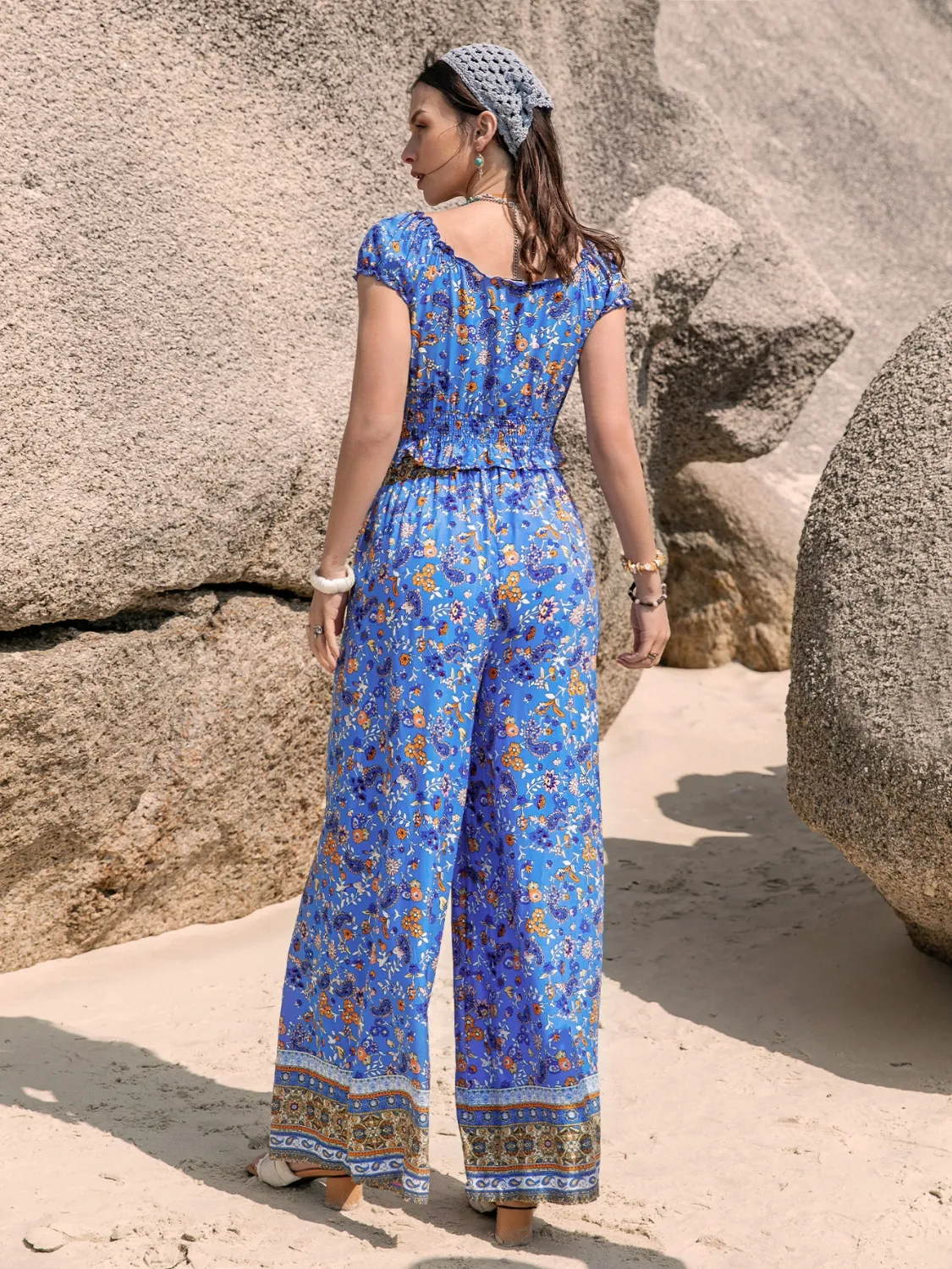 Printed V-Neck Top and Pants Set - Image 3