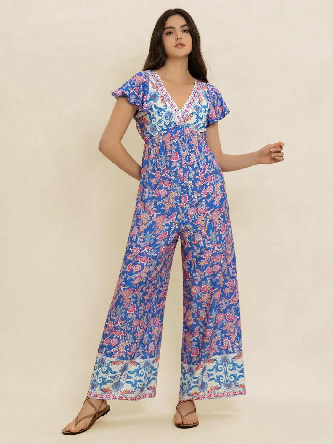 Printed V-Neck Wide Leg Jumpsuit - Image 2