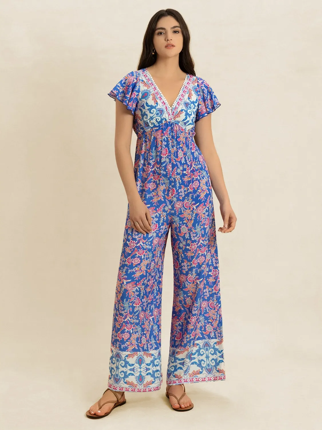 Printed V-Neck Wide Leg Jumpsuit - Image 4
