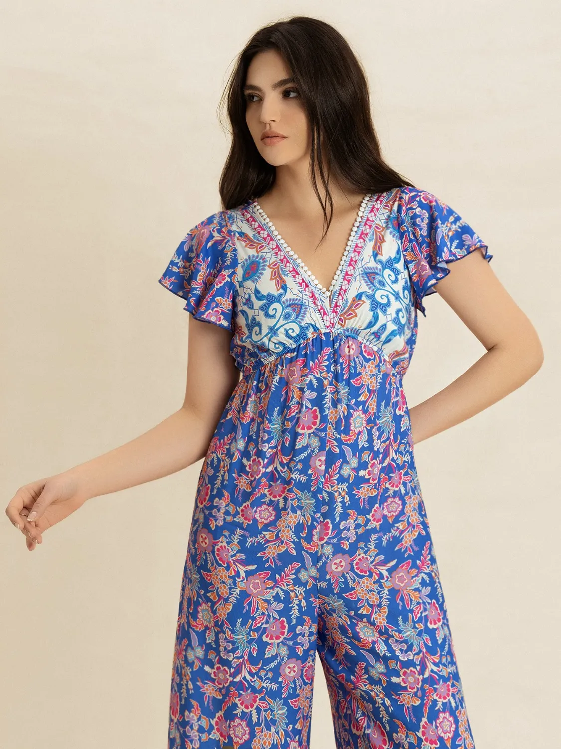 Printed V-Neck Wide Leg Jumpsuit - Image 7