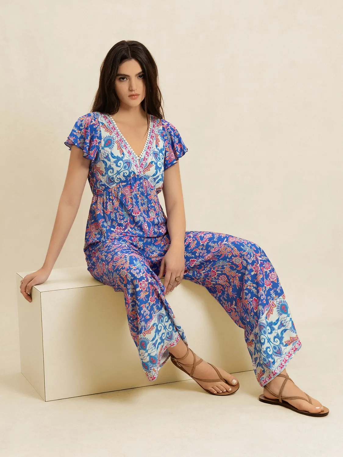Printed V-Neck Wide Leg Jumpsuit - Image 8