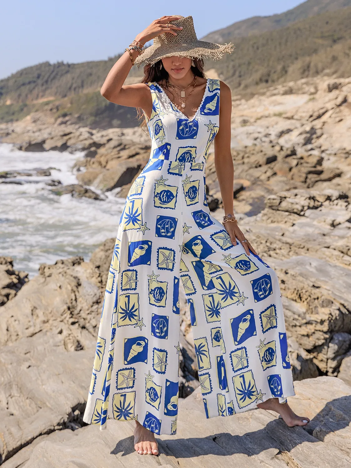 Printed V-Neck Wide Leg Jumpsuit