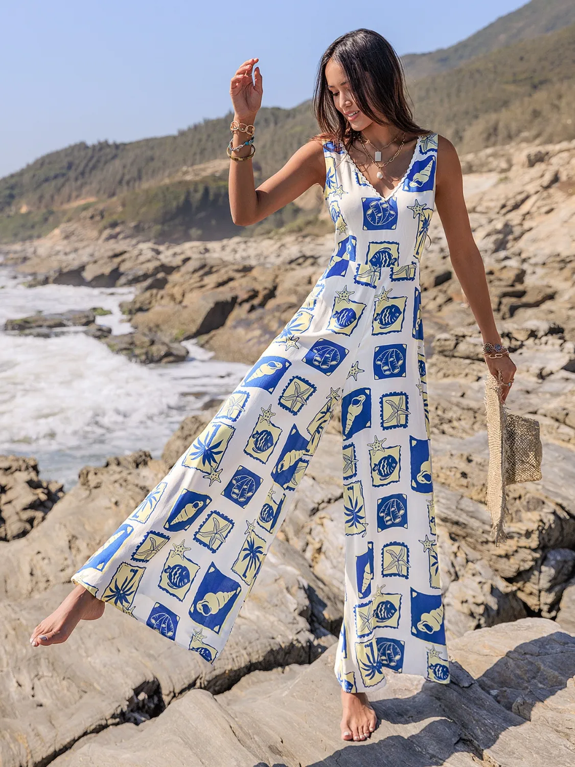 Printed V-Neck Wide Leg Jumpsuit - Image 6