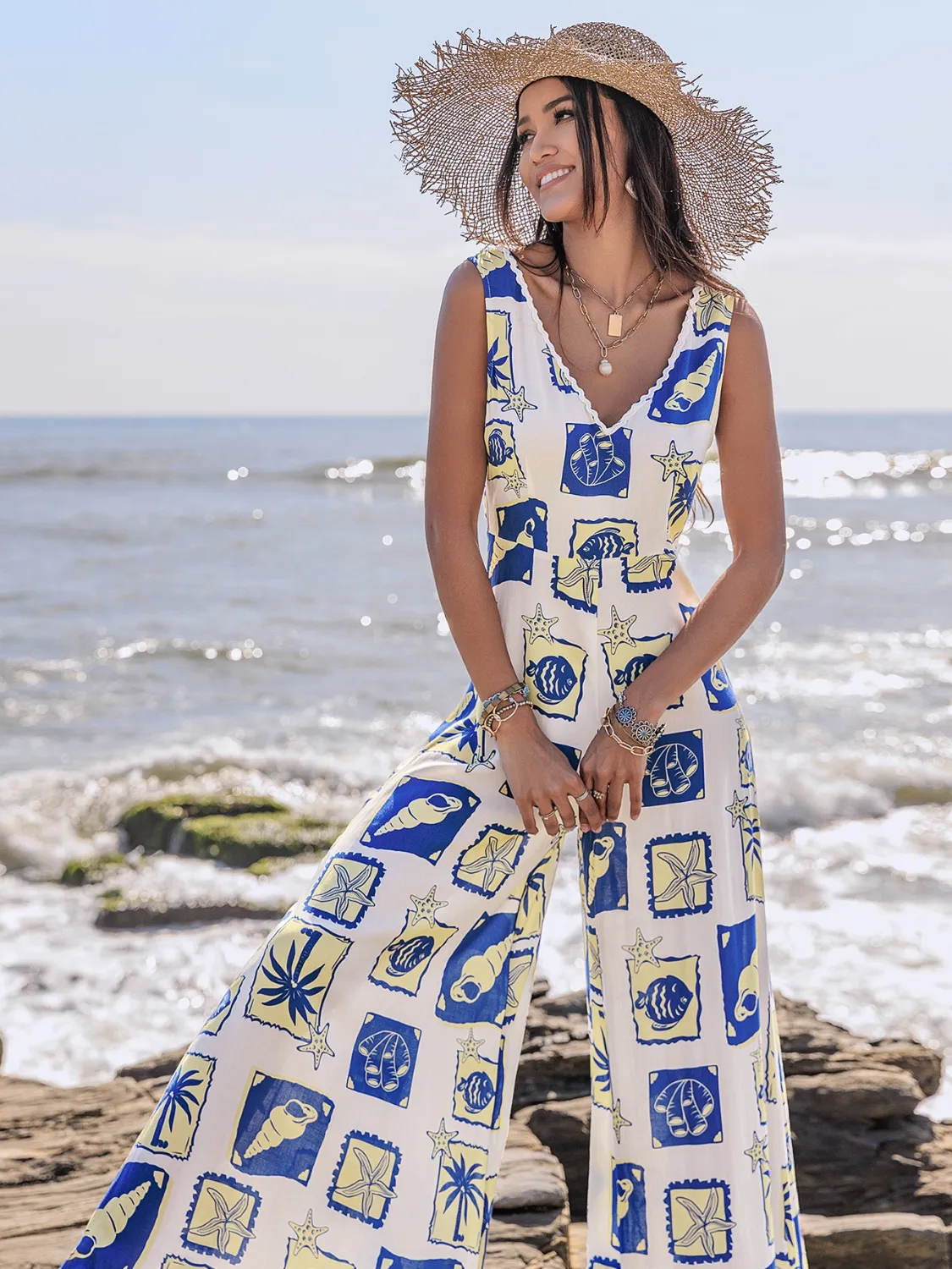 Printed V-Neck Wide Leg Jumpsuit - Image 8