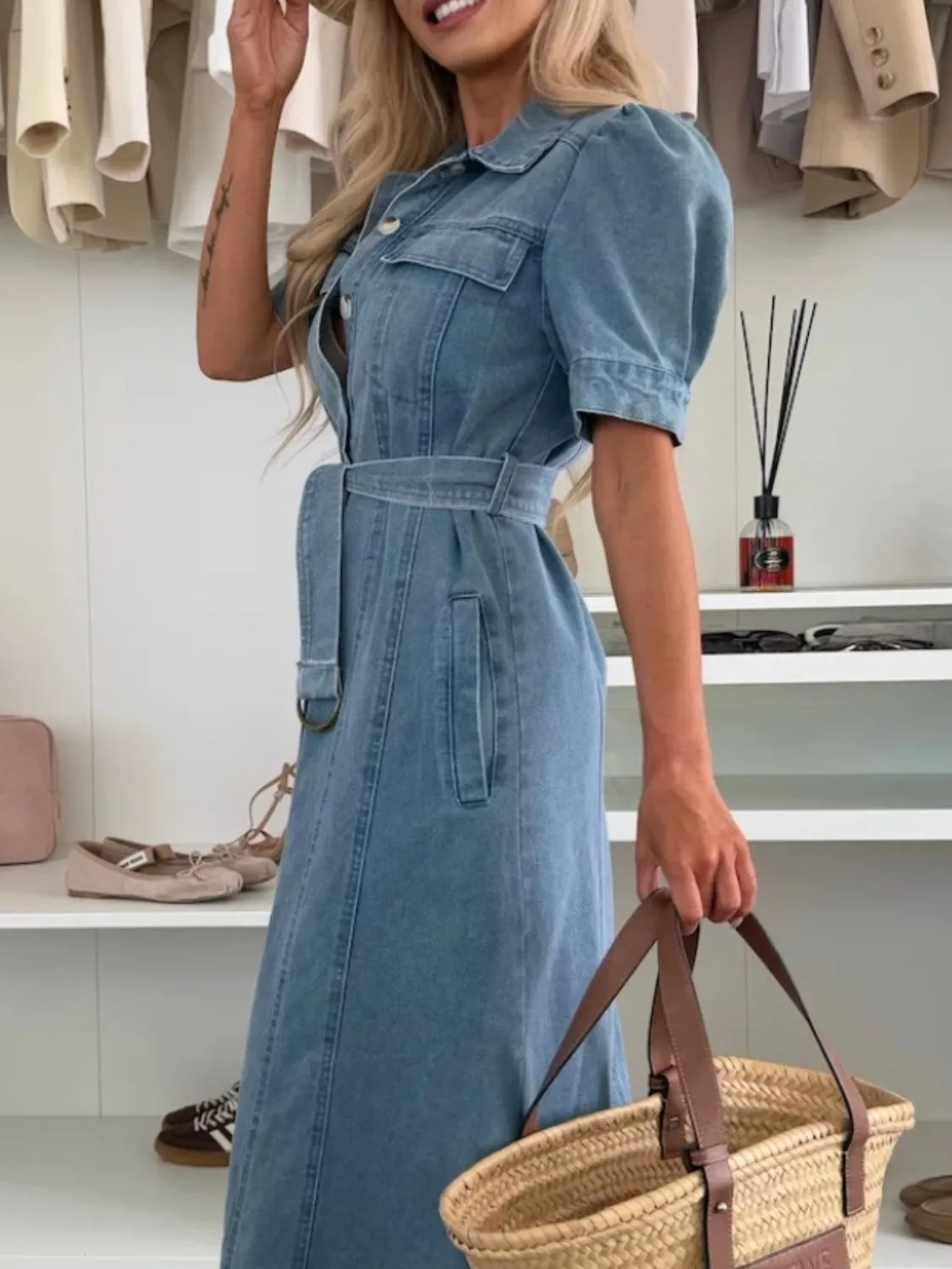 Puff Sleeve Button Down Belted Denim Midi Dress - Image 4