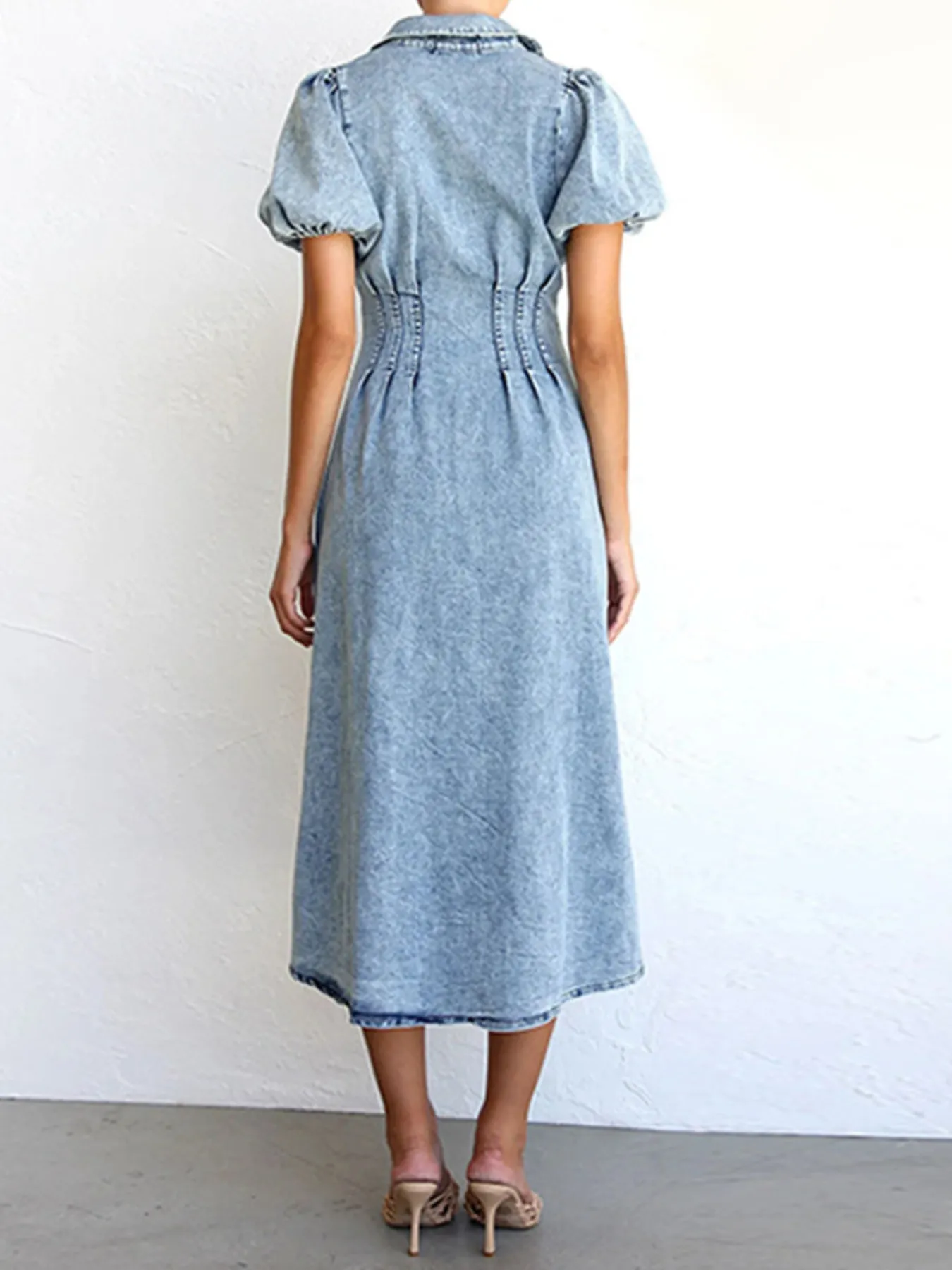 Puff Sleeve Button Front Denim Midi Dress - Image 3