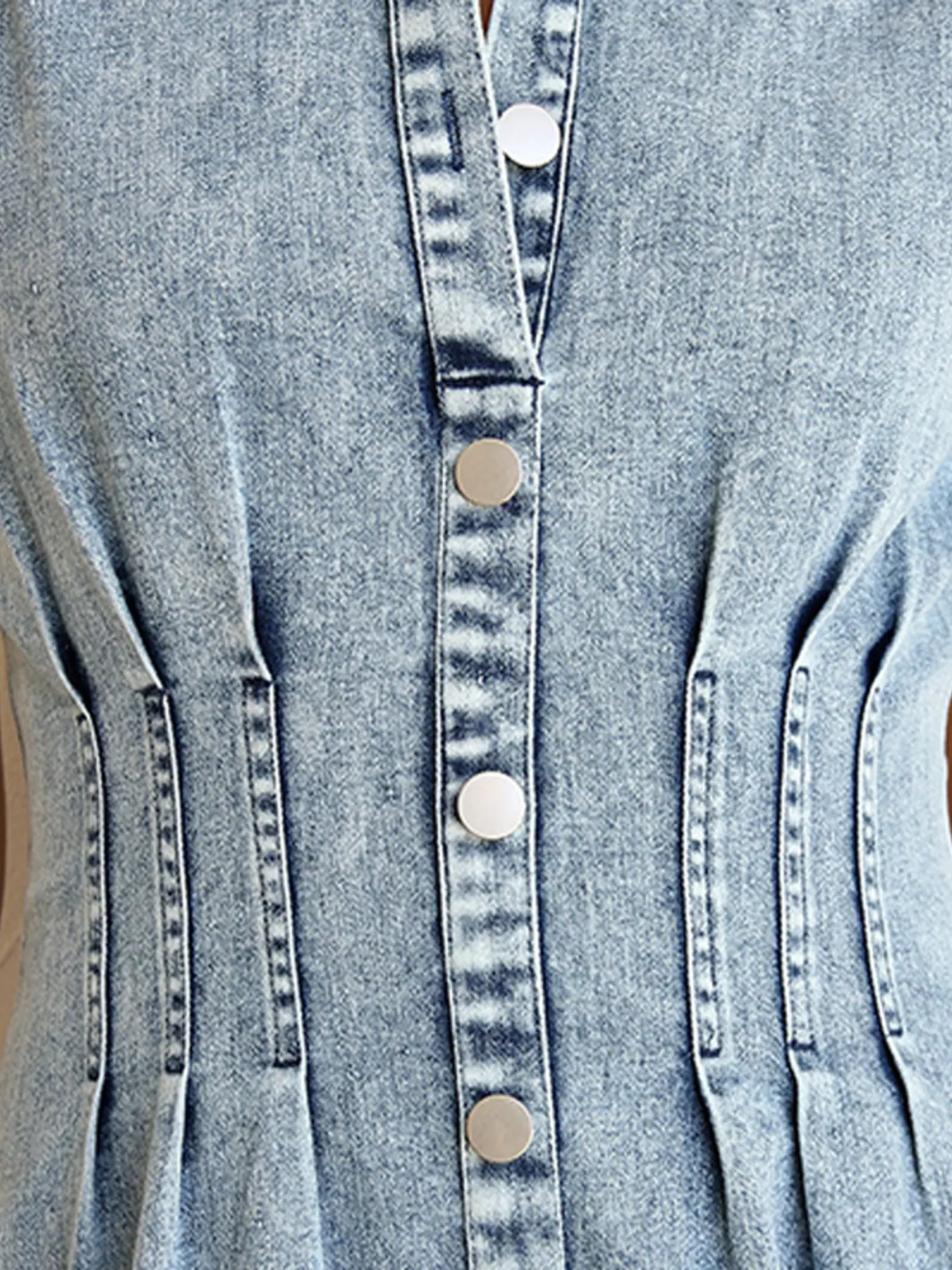 Puff Sleeve Button Front Denim Midi Dress - Image 6