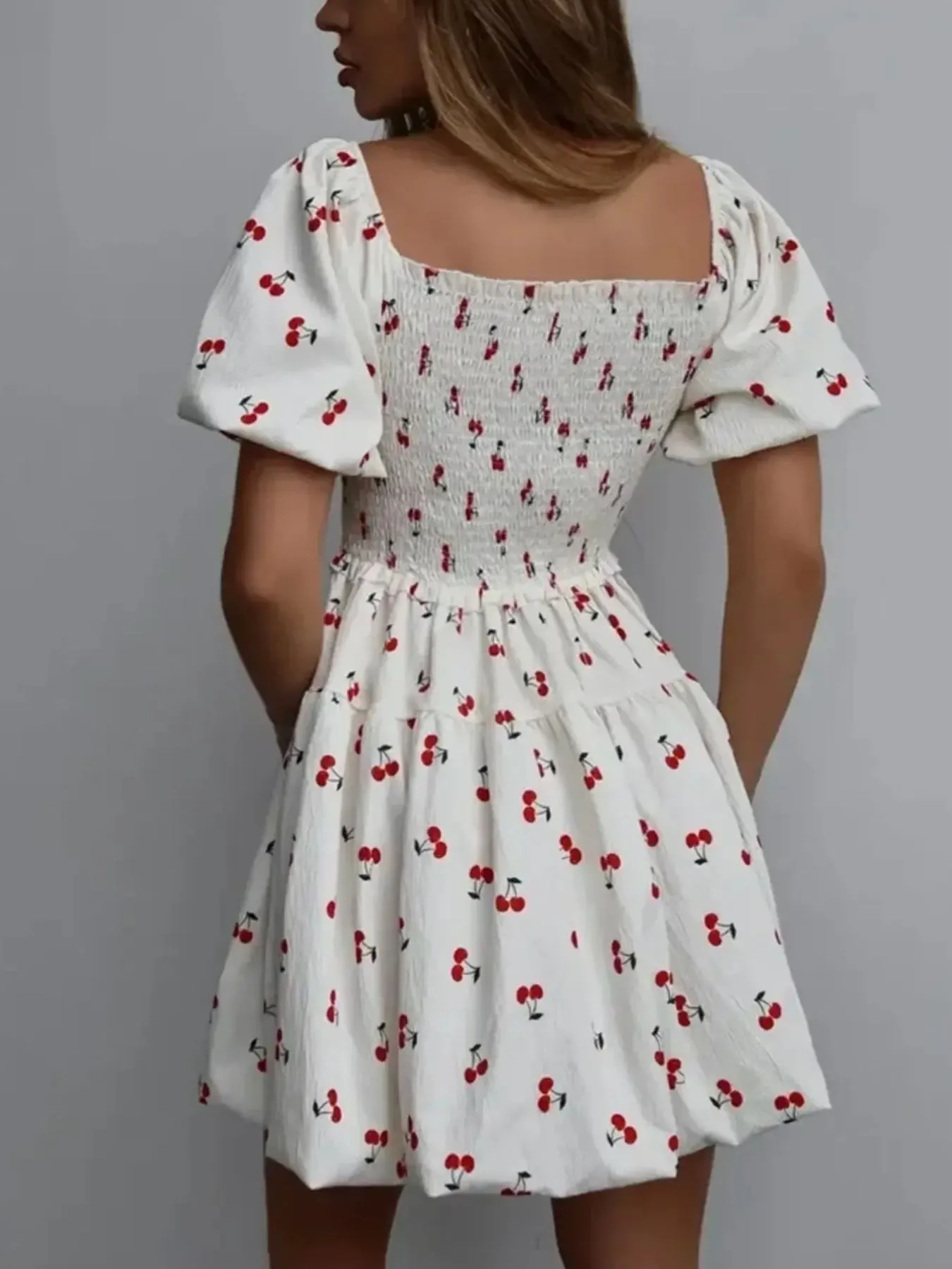 Puff Sleeve Cherry Print Smocked Mini Dress - Image 2