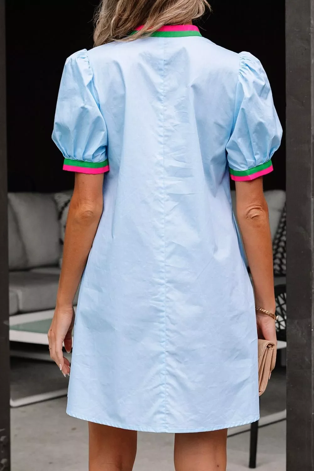 Puff Sleeve Mini Dress with Contrast Trim - Image 2