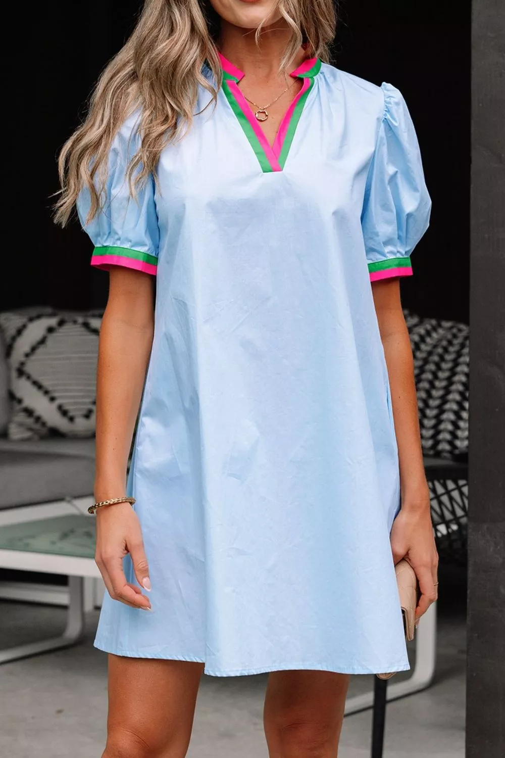 Puff Sleeve Mini Dress with Contrast Trim - Image 4