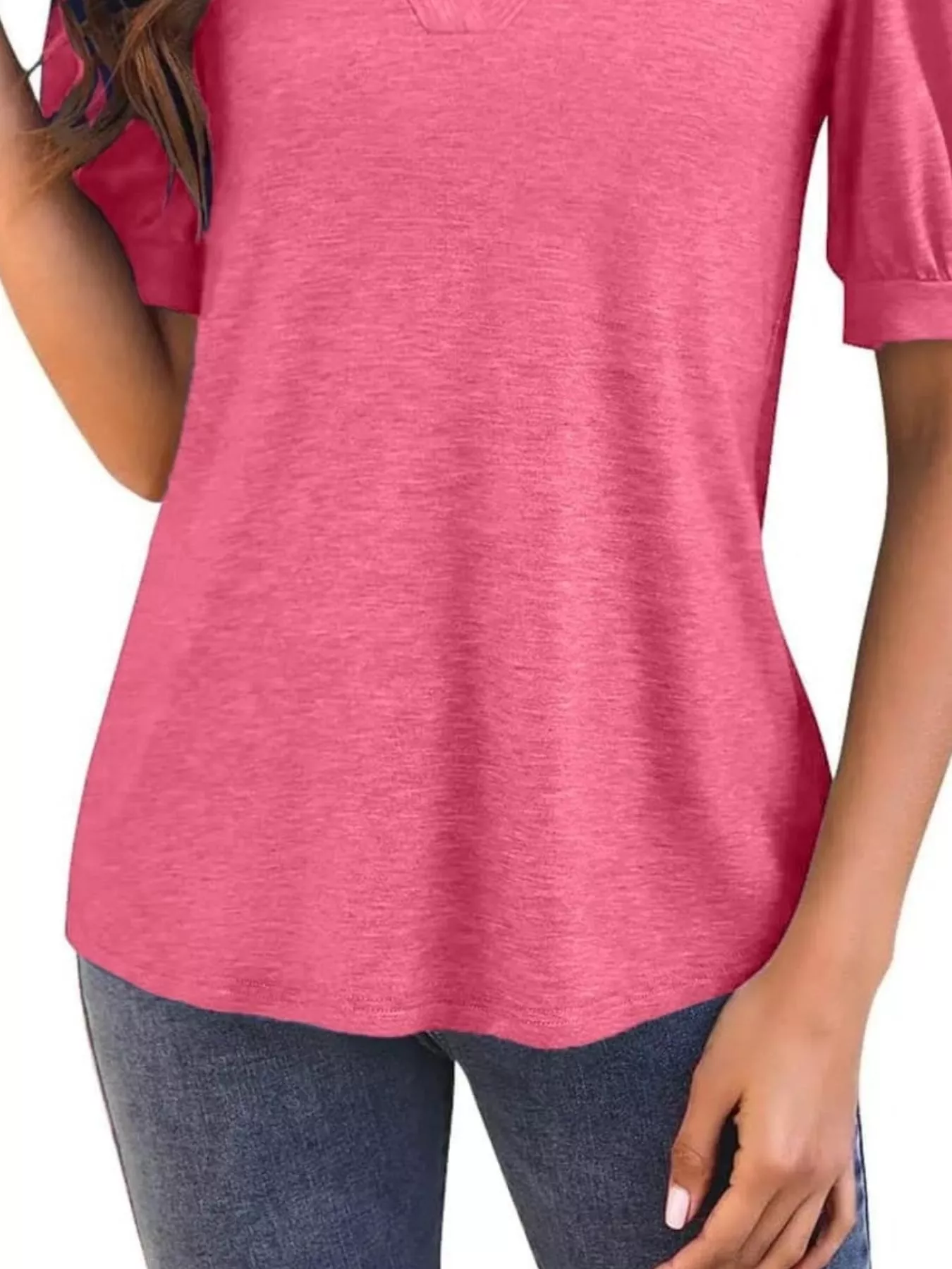 Puff Sleeve Notched Casual T-Shirt - Image 15