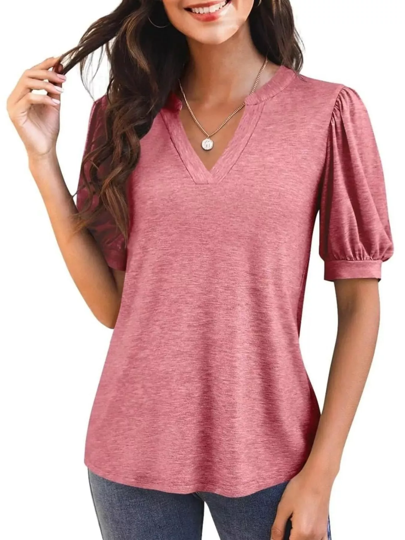 Puff Sleeve Notched Casual T-Shirt - Image 16