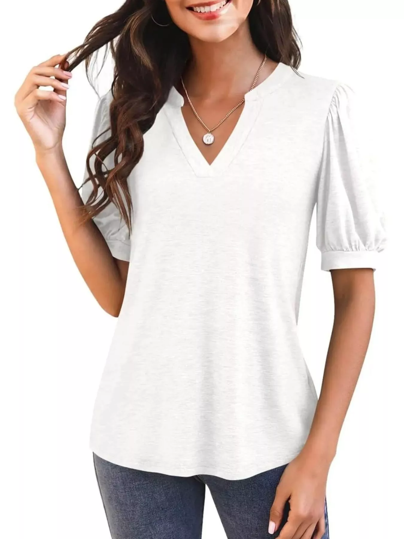 Puff Sleeve Notched Casual T-Shirt - Image 22