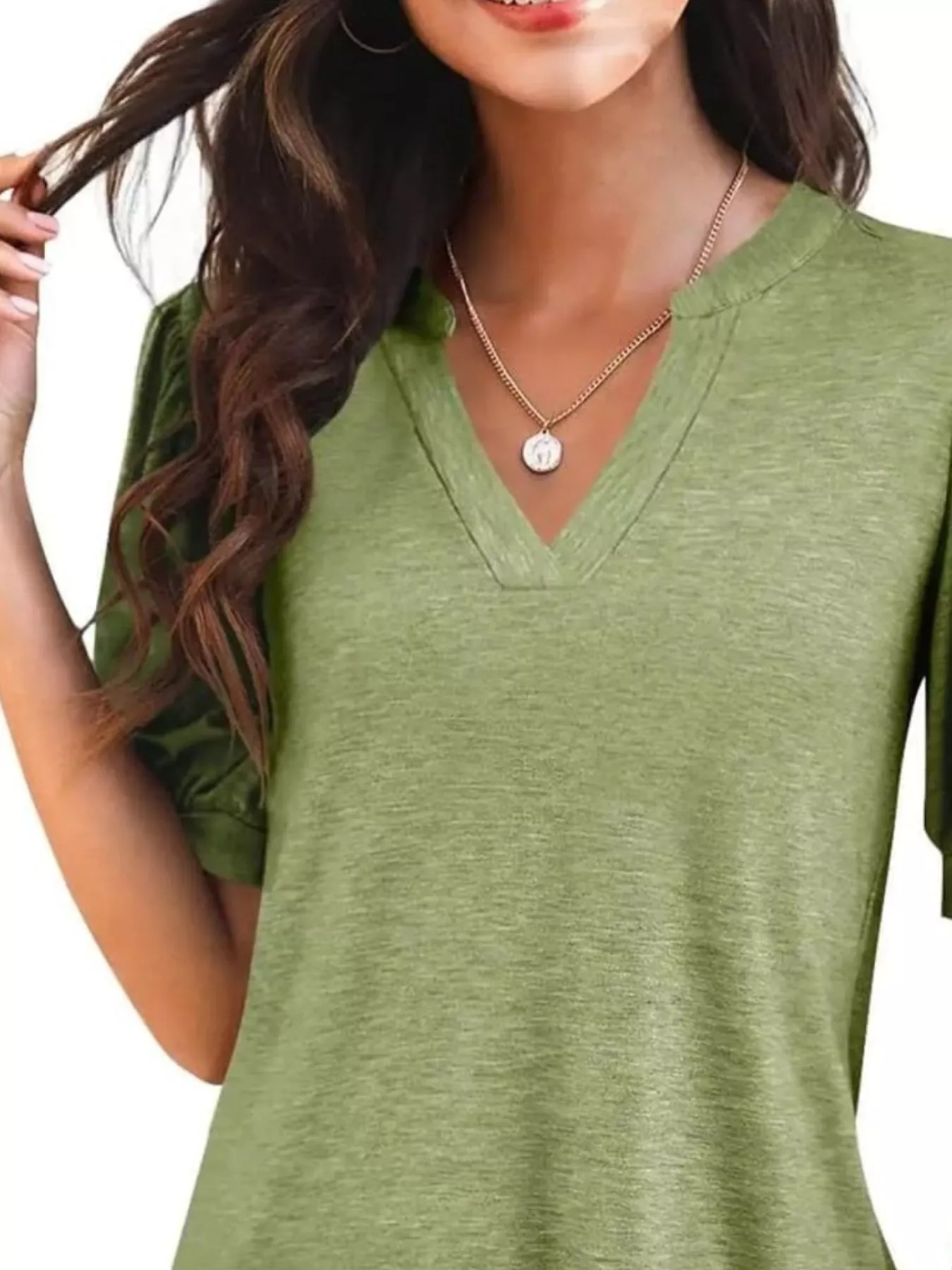 Puff Sleeve Notched Casual T-Shirt - Image 5