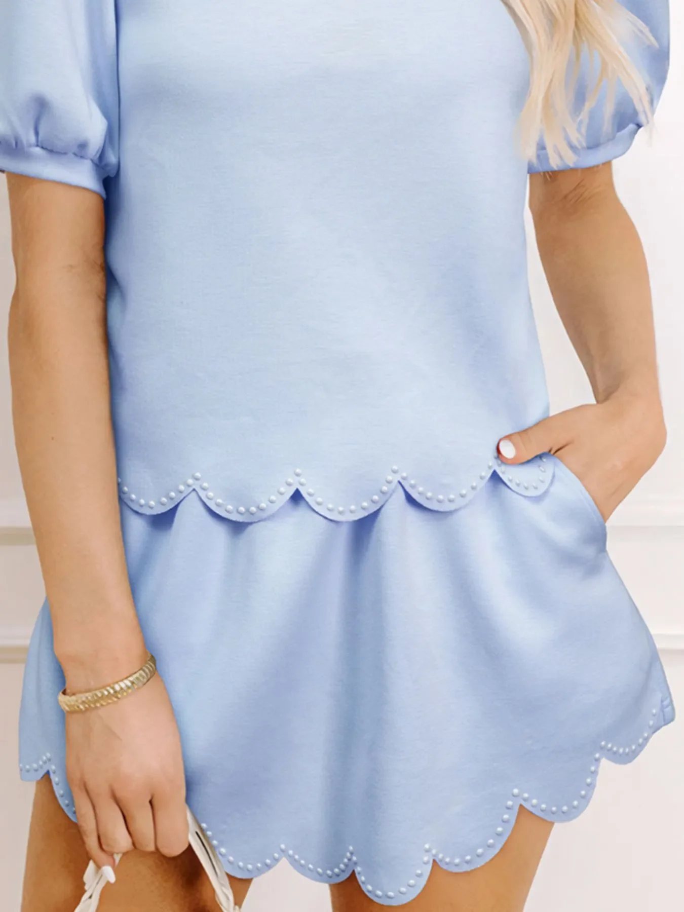 Puff Sleeve Pearl Embellished Scallop Trim Top and Skort Set - Image 13