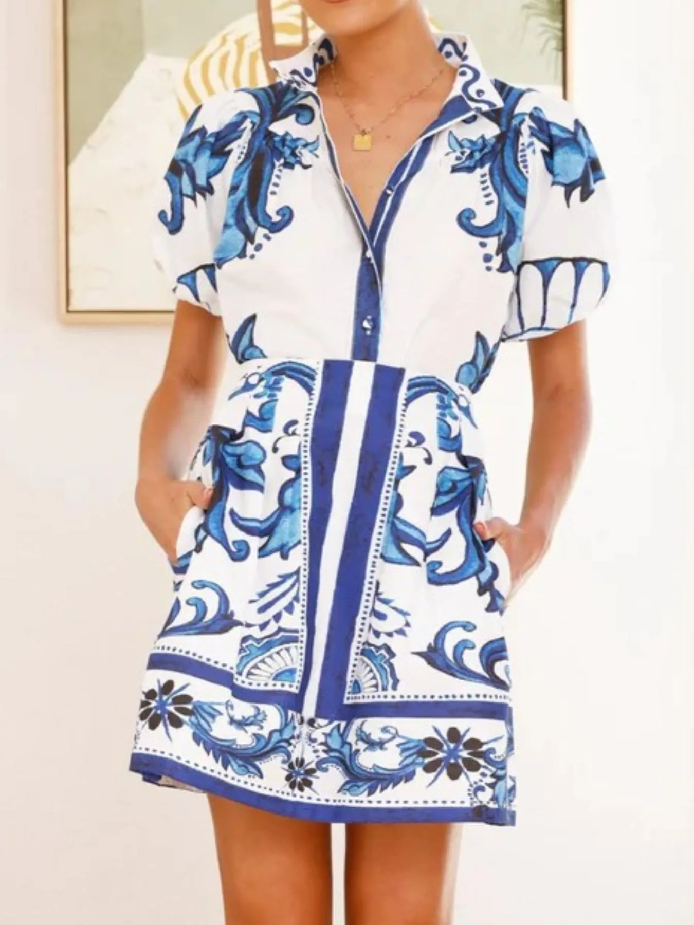 Puff Sleeve Printed Top and Zip Back Skirt Set - Image 3