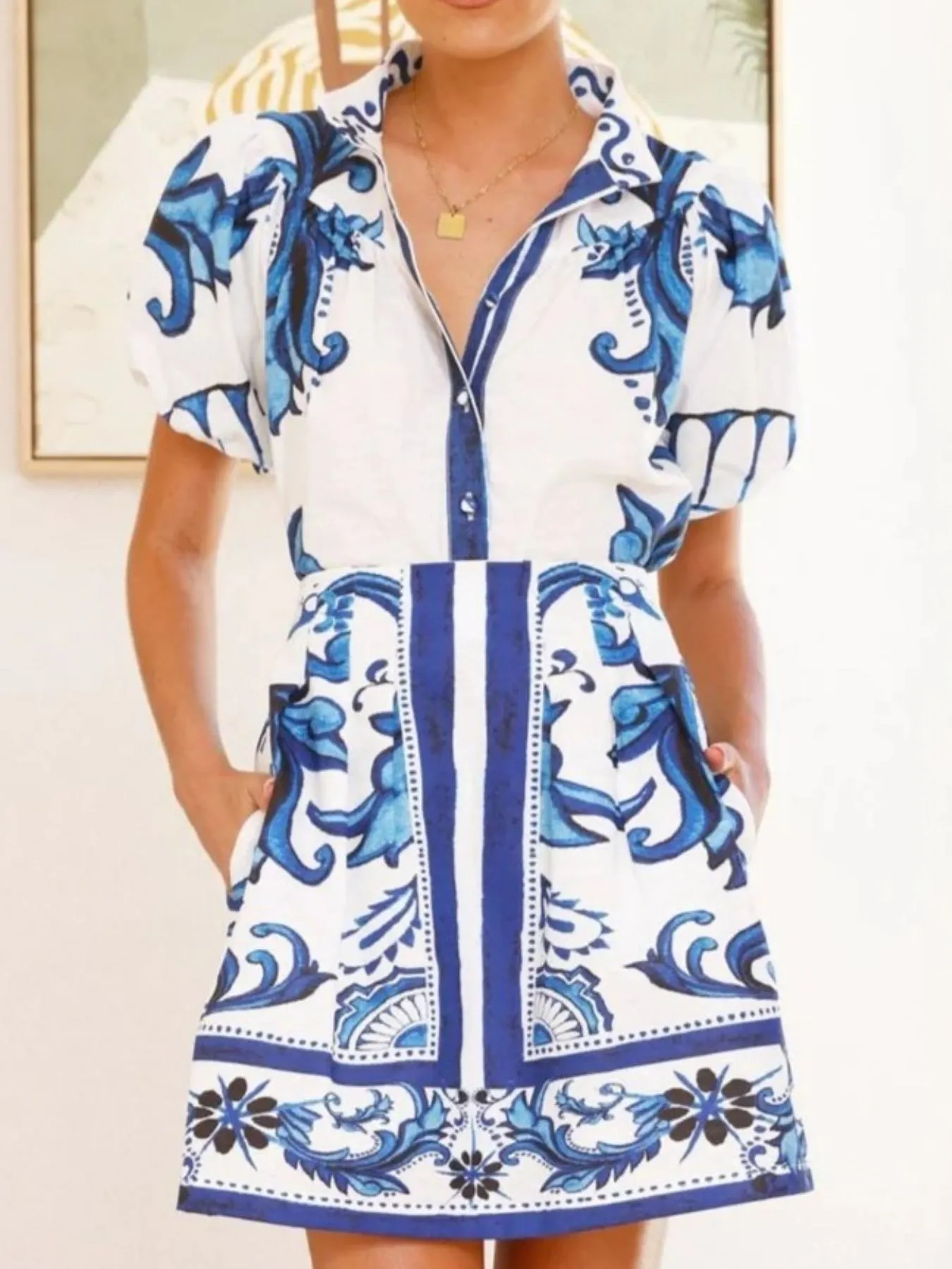 Puff Sleeve Printed Top and Zip Back Skirt Set - Image 7
