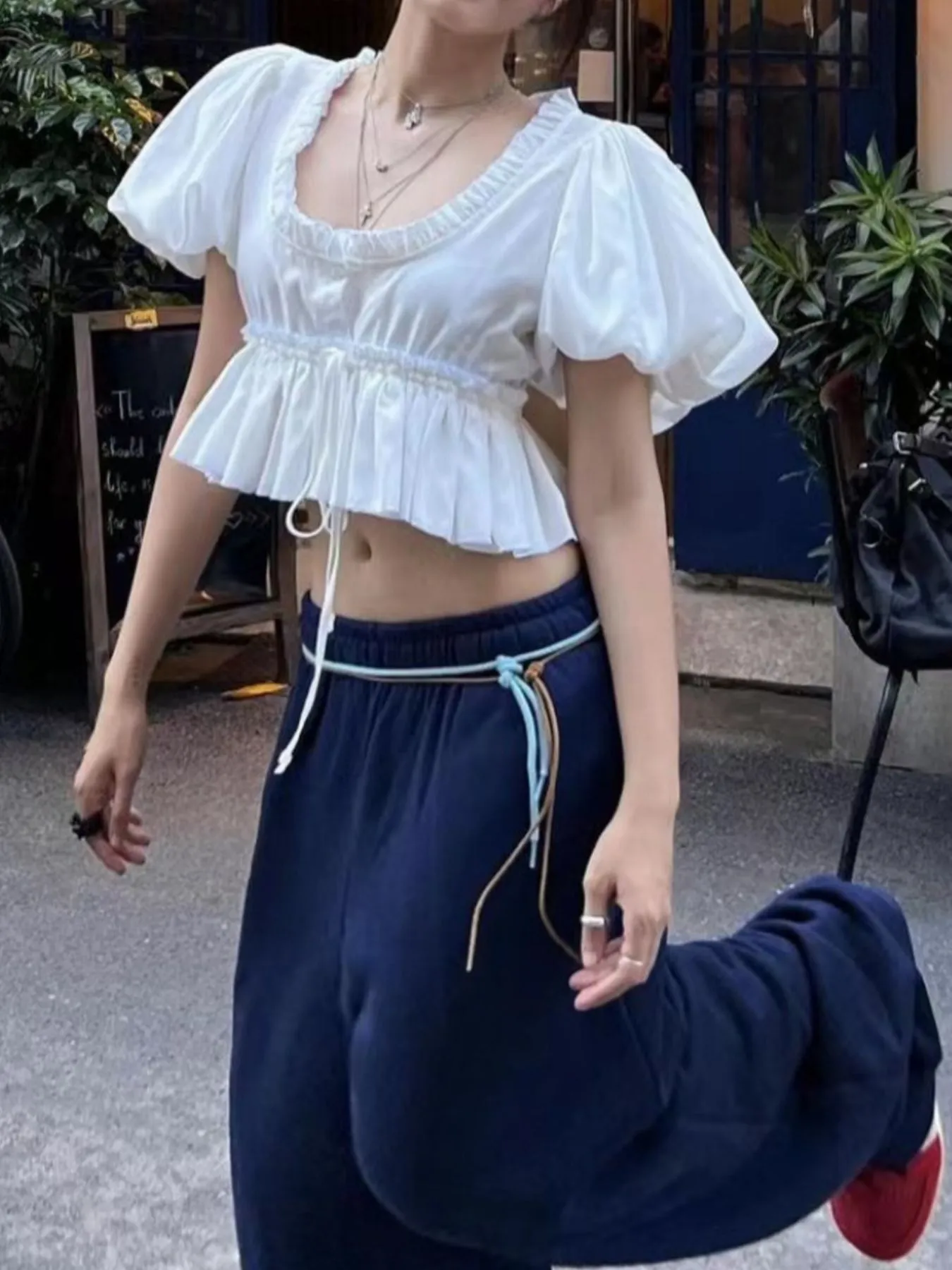 Puff Sleeve Ruffle Crop Blouse - Image 3