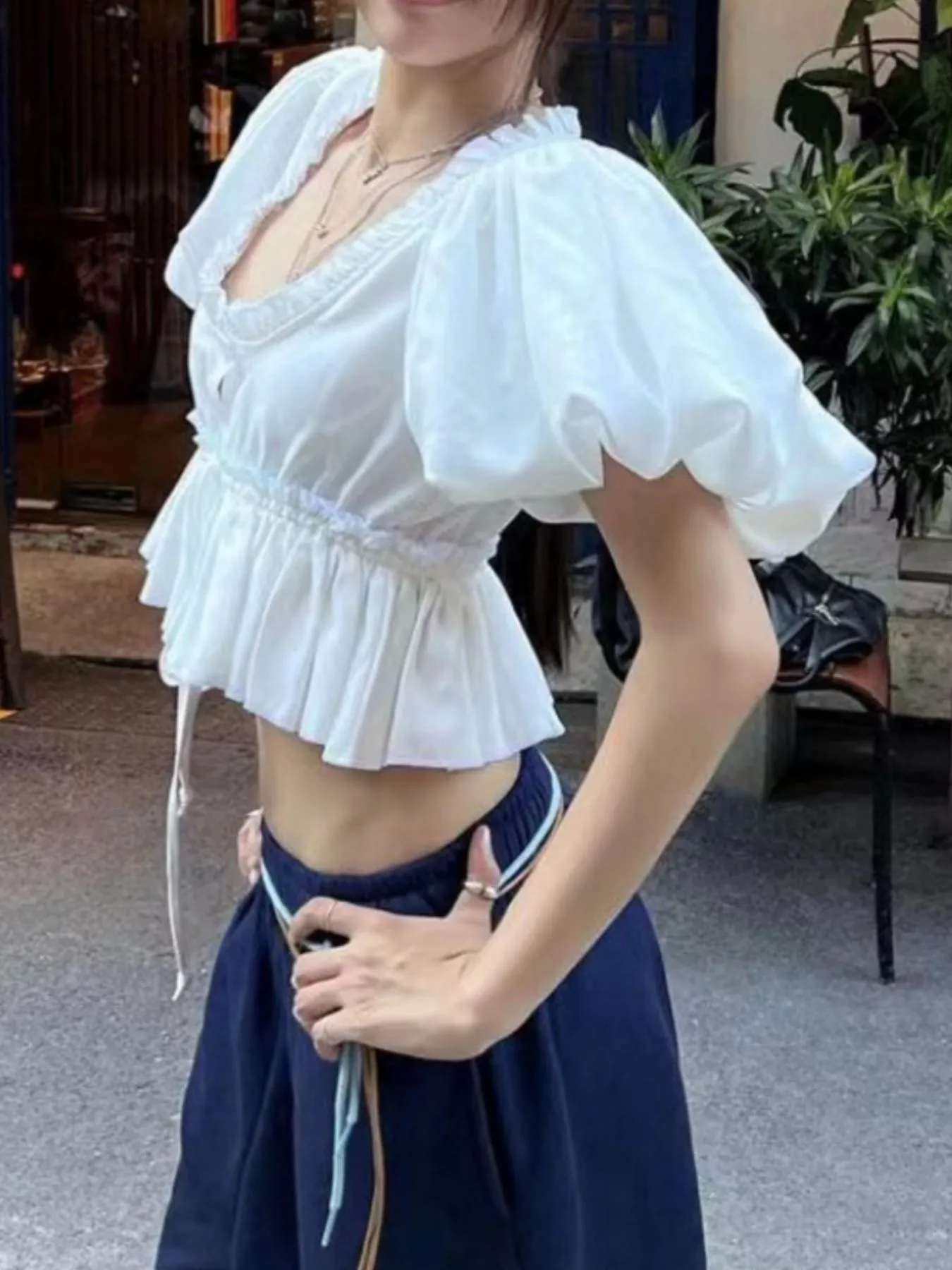 Puff Sleeve Ruffle Crop Blouse - Image 4