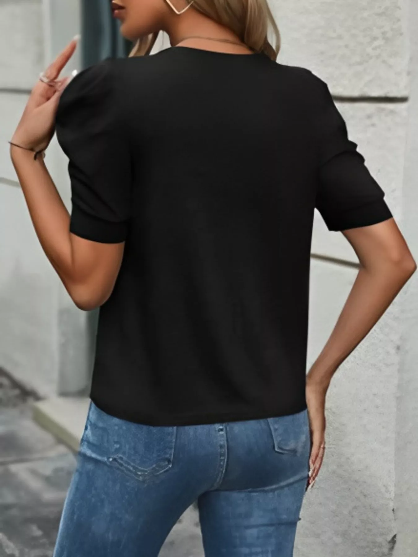 Puff Sleeve Solid Color T-Shirt - Image 5