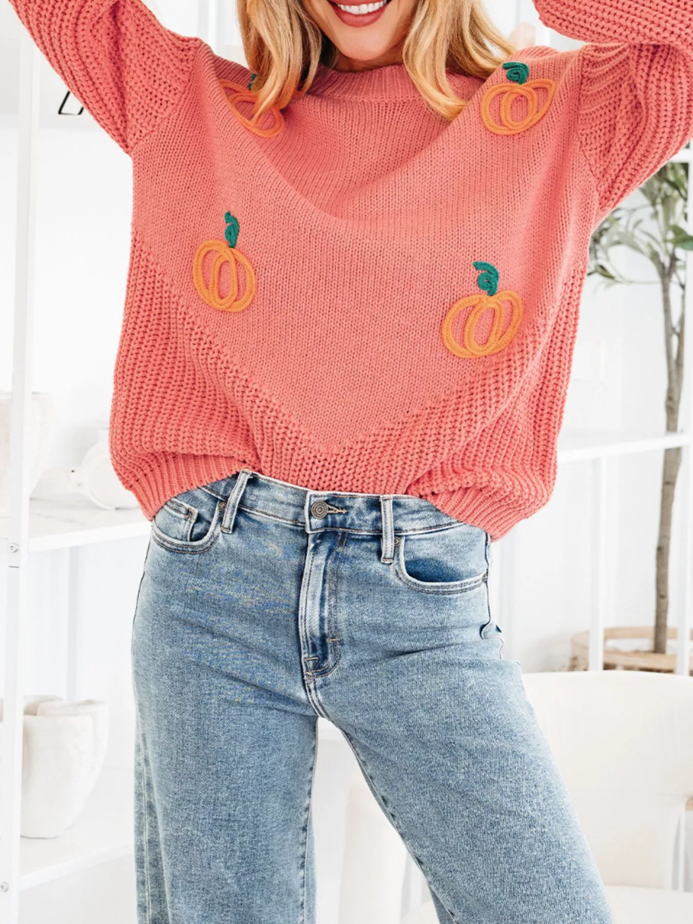 Pumpkin Embroidered Thanksgiving Holiday Sweater - Image 5