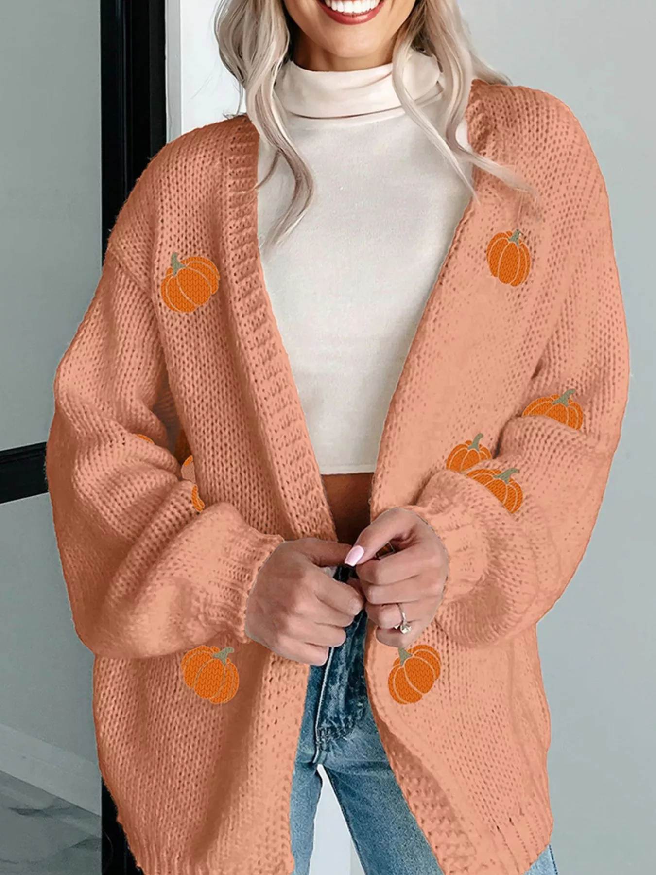 Pumpkin Tree Print Open Front Drop Shoulder Midi Cardigan - Image 3