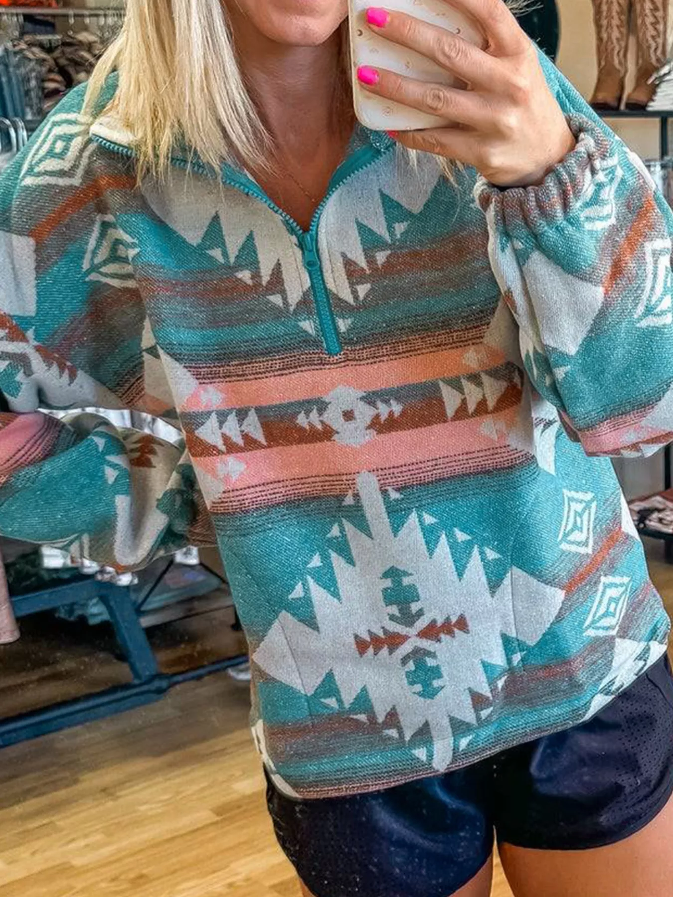 Quarter Zip Elastic Cuffs Aztec Sweatshirt - Image 10
