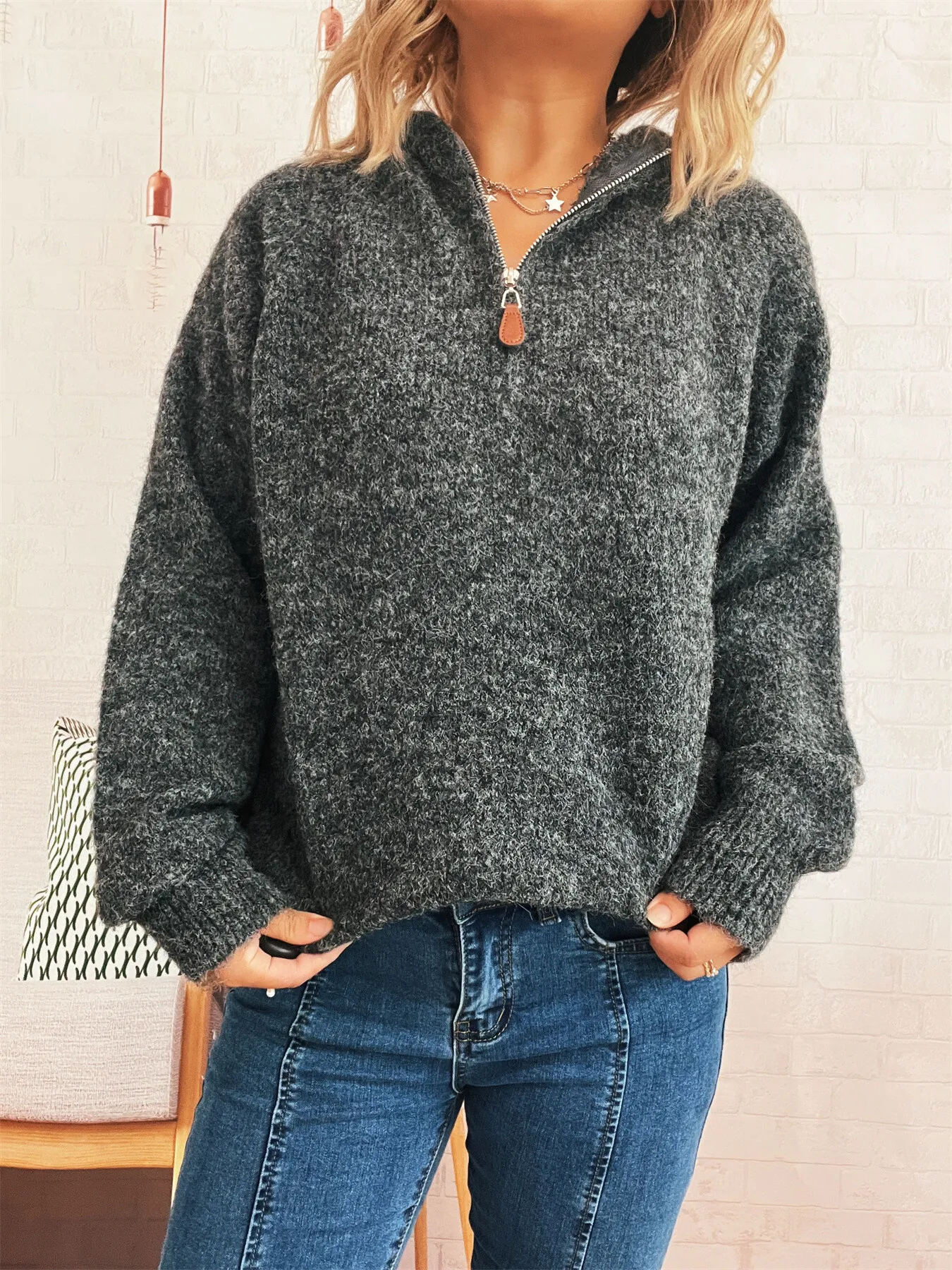 Quarter Zip Ribbed Hem Sweater - Image 17