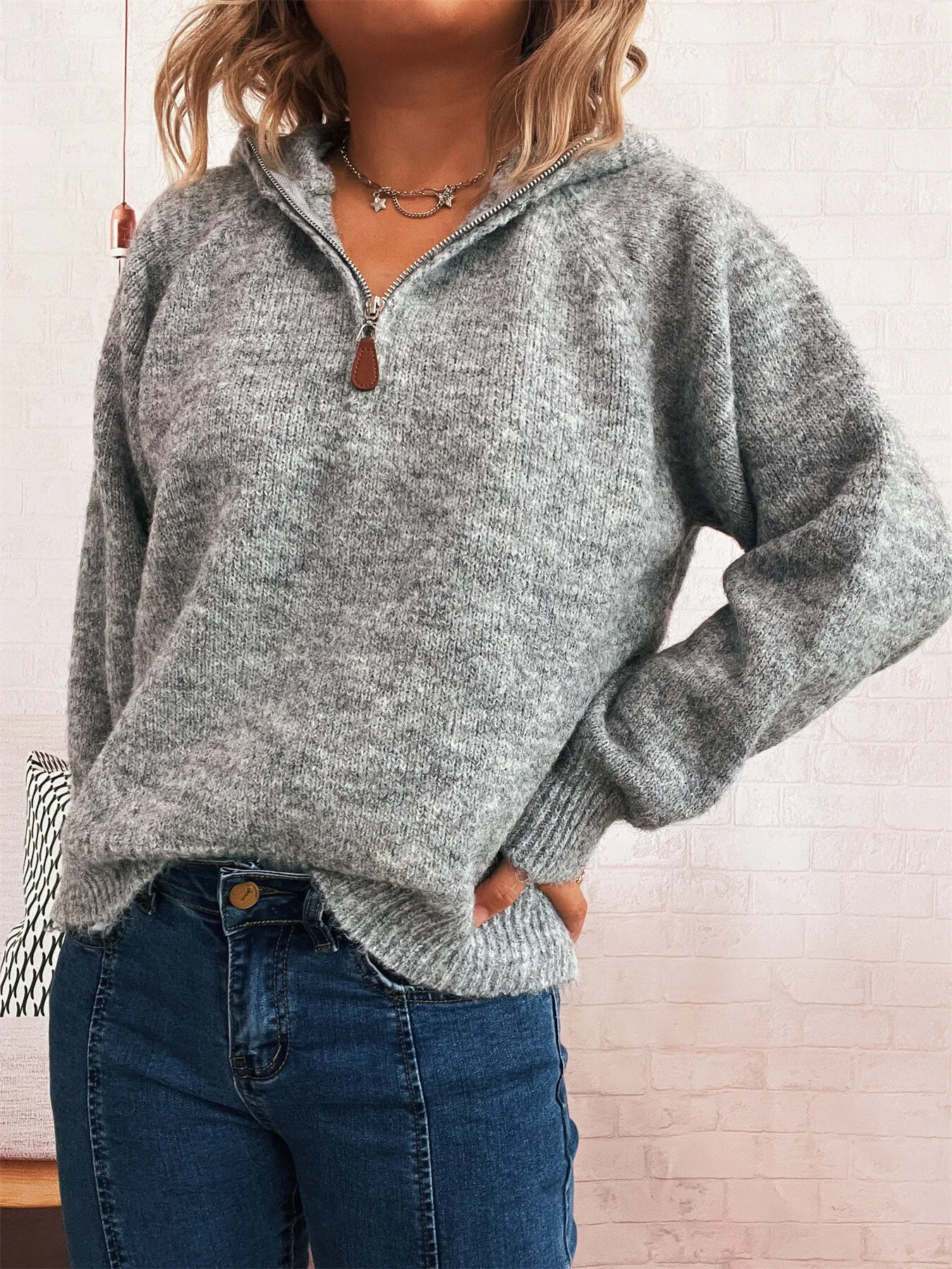 Quarter Zip Ribbed Hem Sweater - Image 4