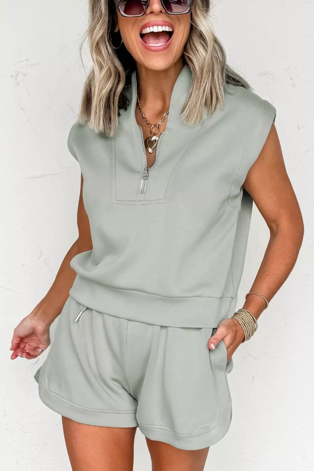 Quarter Zip Sleeveless Top Drawstring Shorts Casual 2pcs Outfit - Image 2