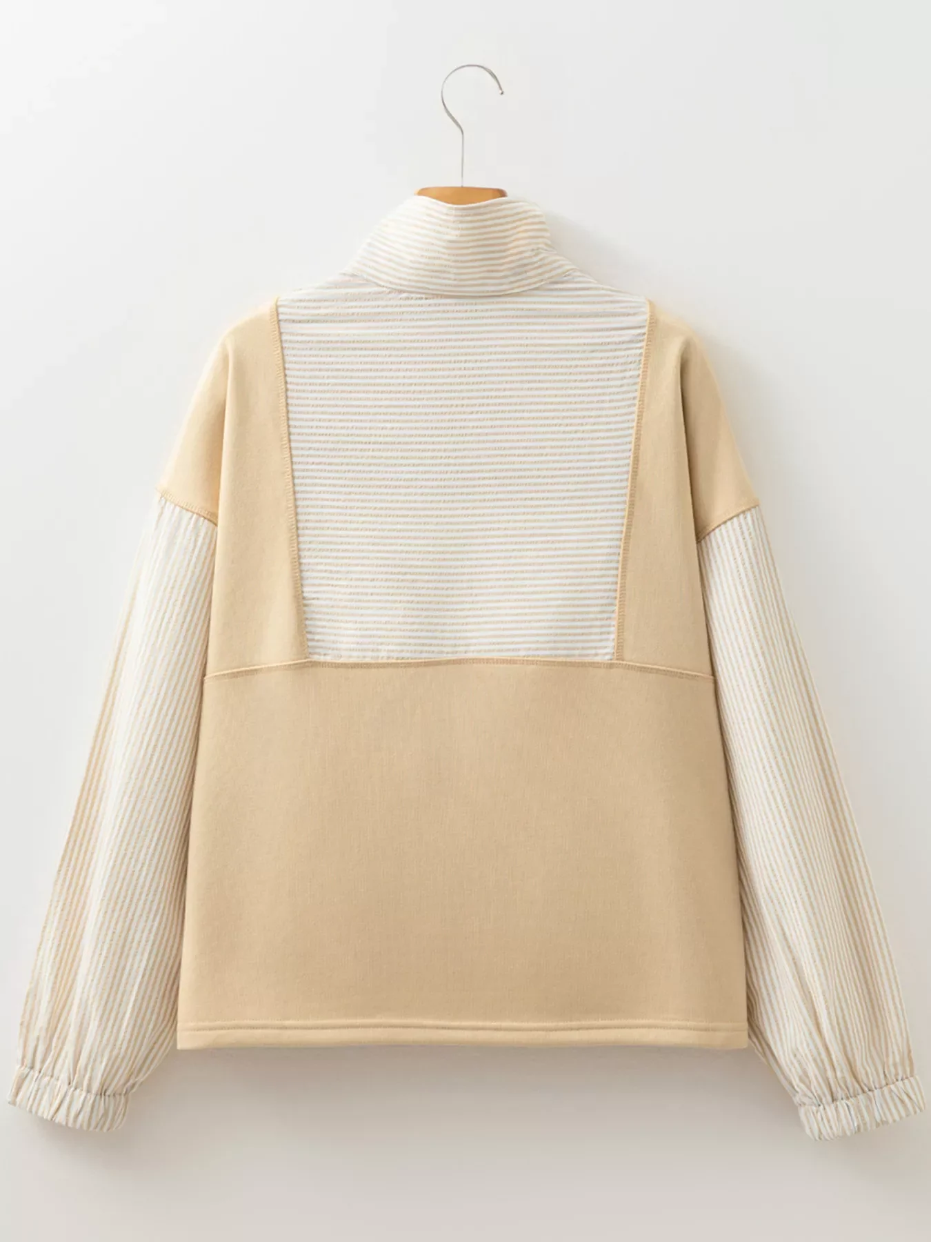 Quarter Zip Striped Patchwork Drop Shoulder Loose Long Sleeve Top - Image 3