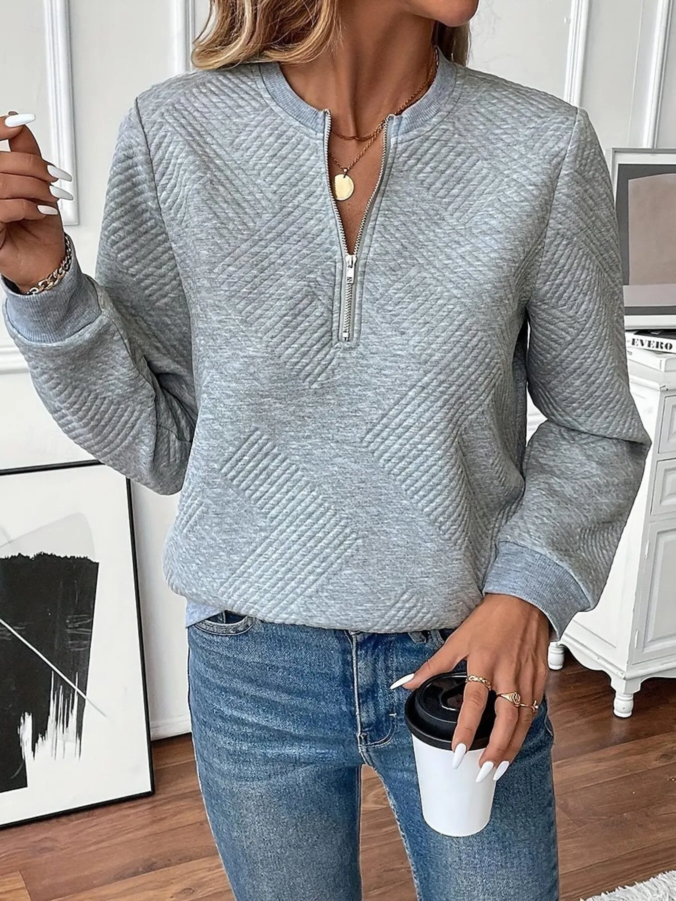 Quarter Zip Textured Long Sleeve Sweatshirt - Image 4