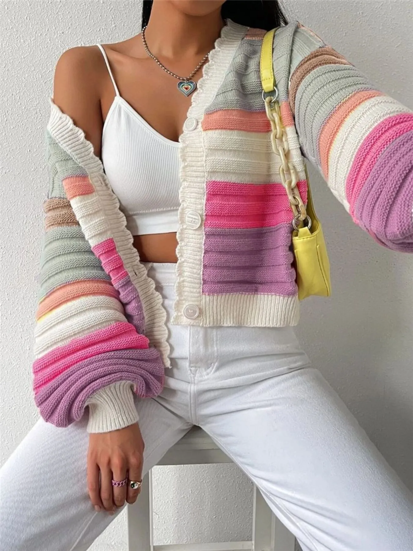 Rainbow Striped Cropped Cardigan with Balloon Sleeves - Image 3