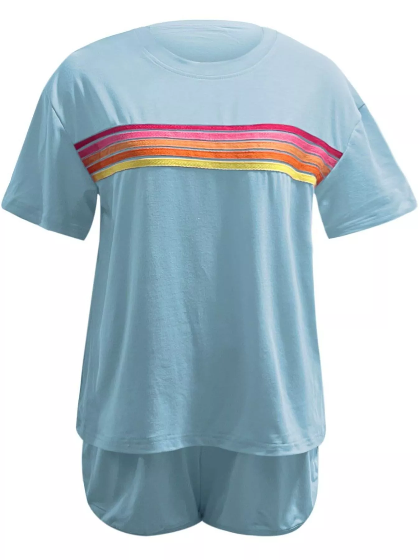Rainbow Striped Round Neck Top and Shorts Set - Image 6