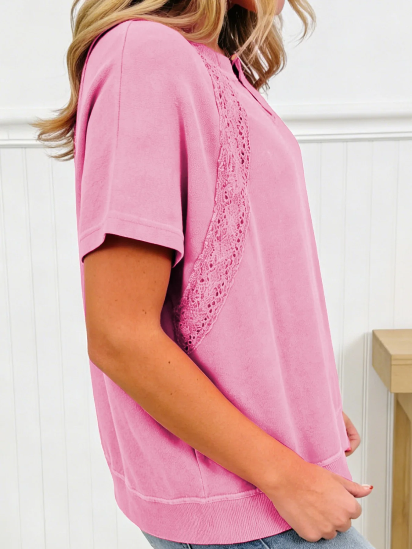 Raw Cut Notched Neck Lace Patchwork Detail Mineral Wash Tee - Image 2
