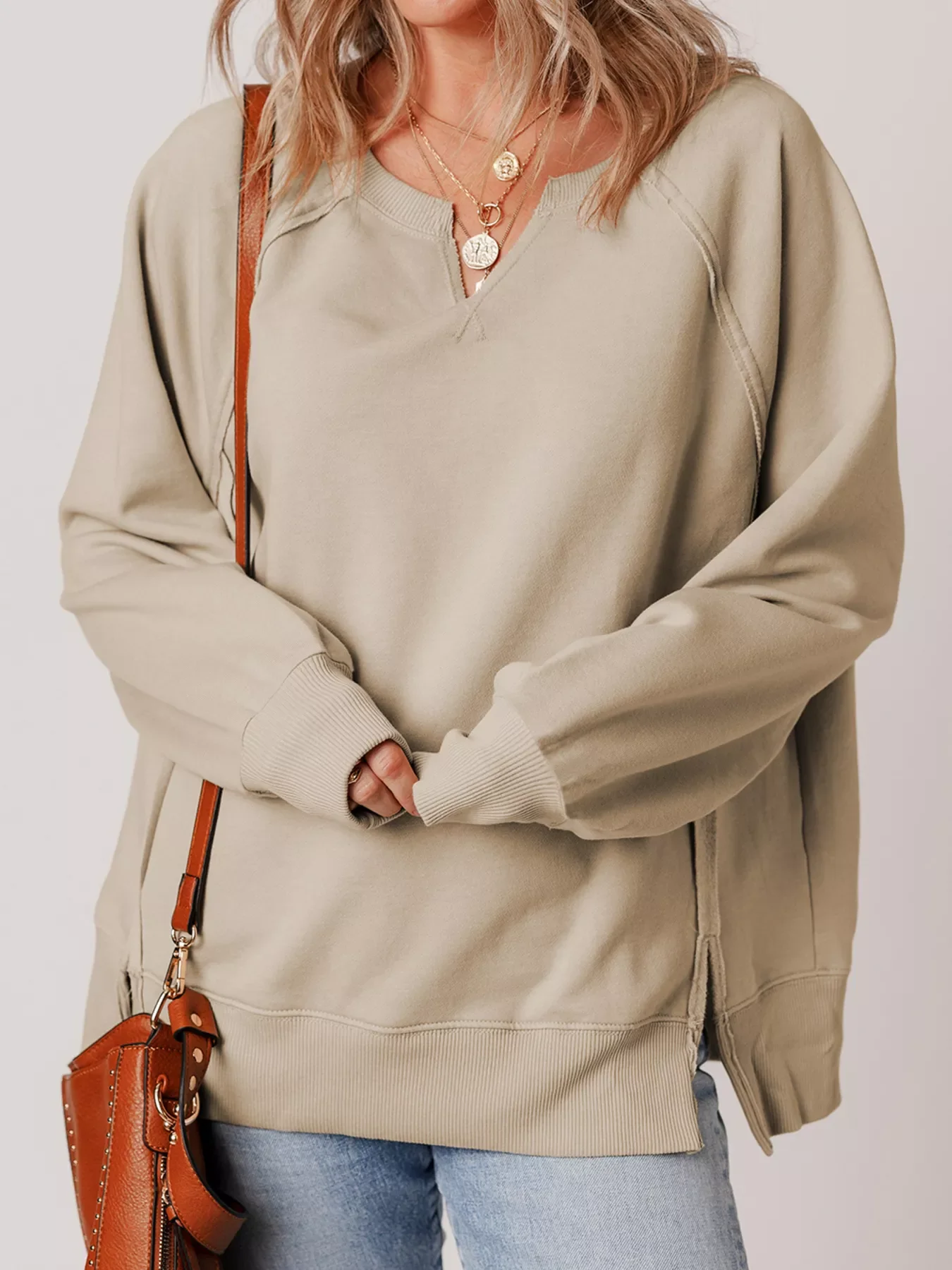 Raw Edge Exposed Seam Raglan Sleeve Side Slit Sweatshirt - Image 5