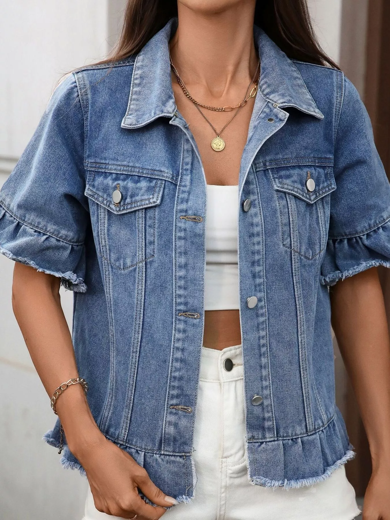 Raw Hem Button Up Denim Jacket - Image 4