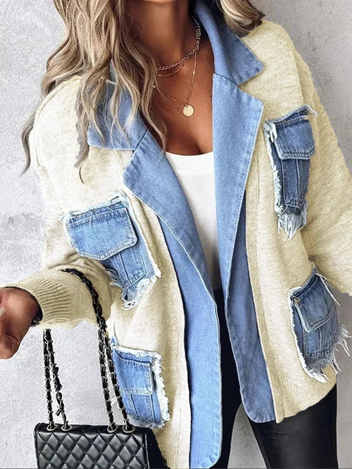 Raw Hem Denim Pocket Patchwork Cardigan - Image 10