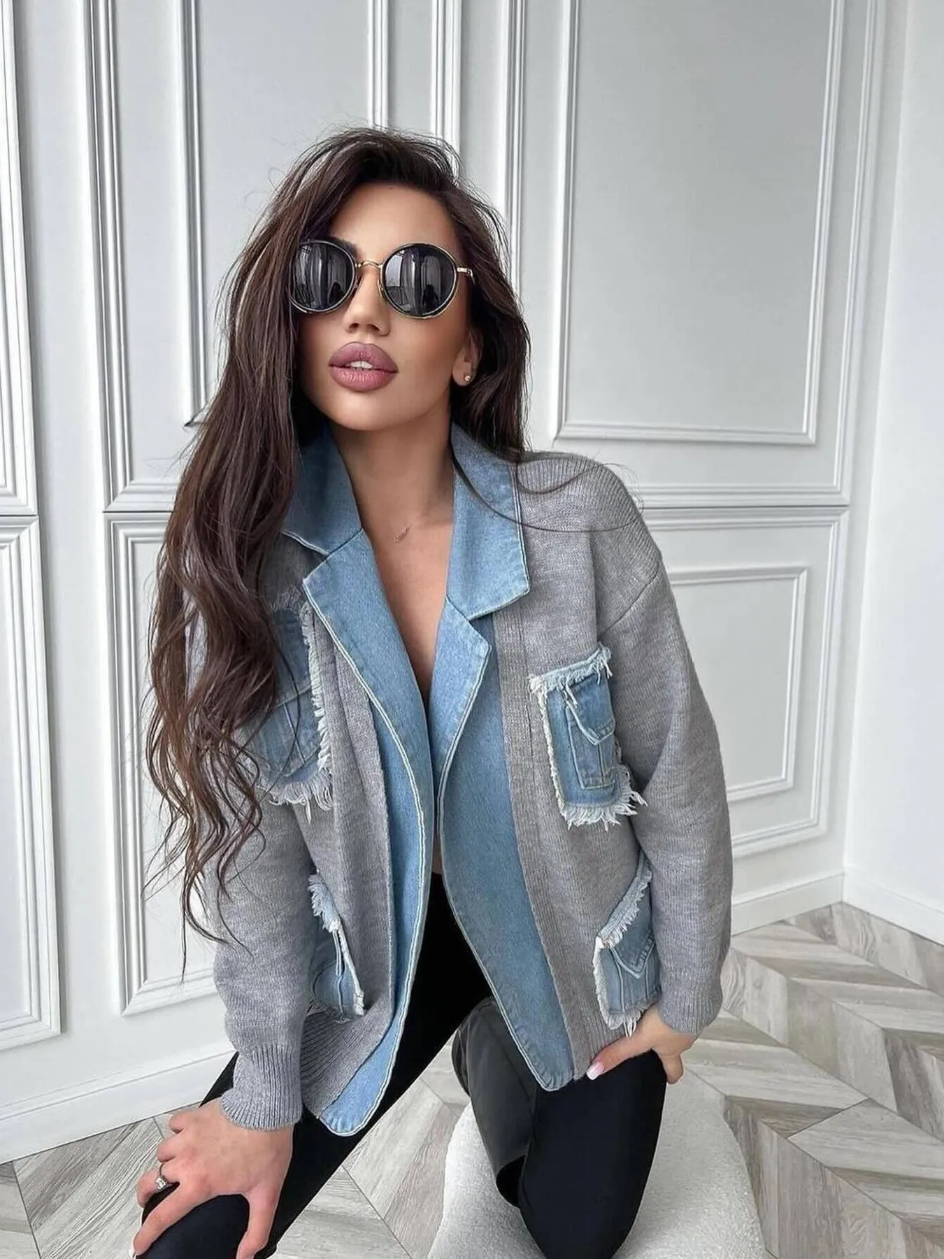 Raw Hem Denim Pocket Patchwork Cardigan - Image 17