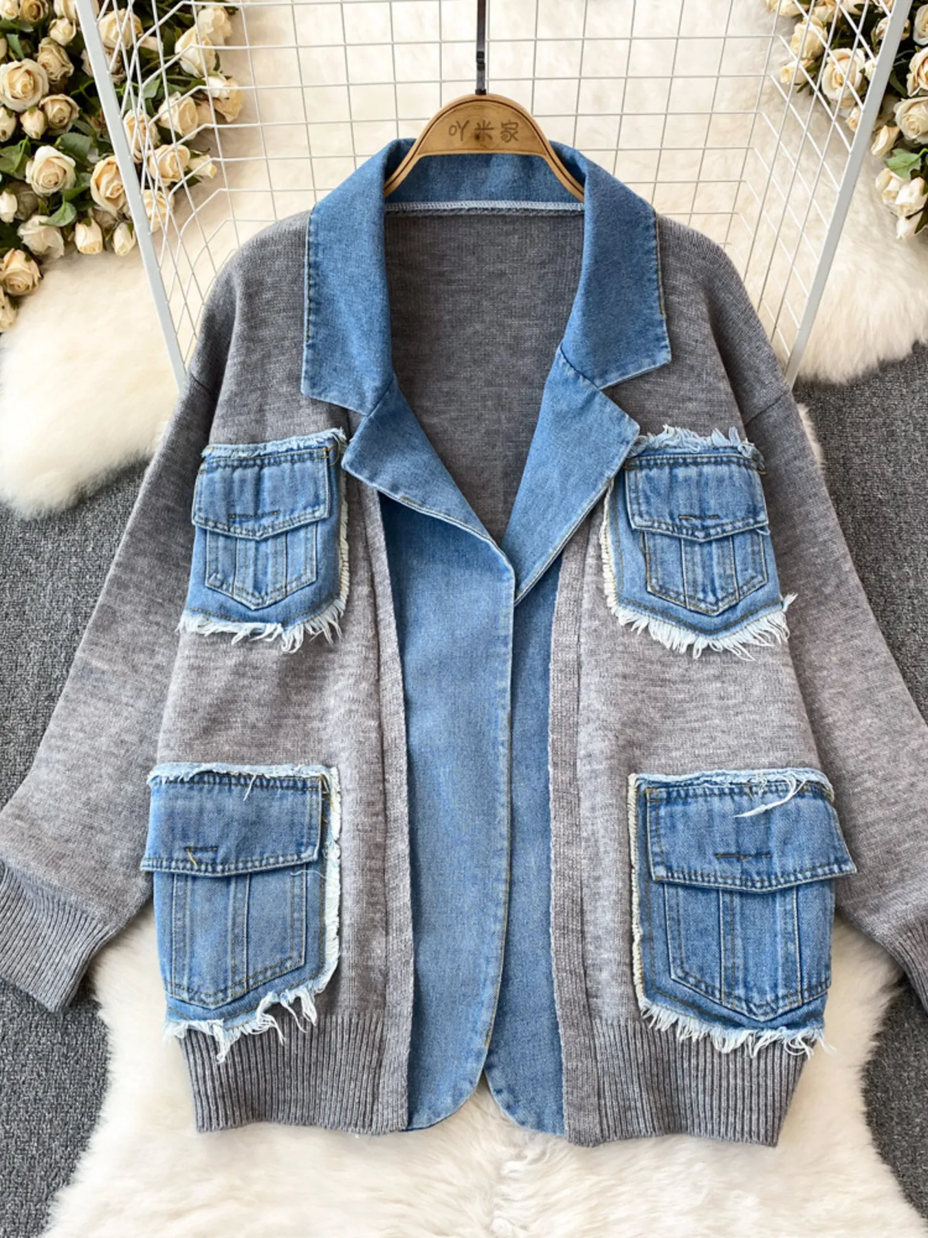 Raw Hem Denim Pocket Patchwork Cardigan - Image 18