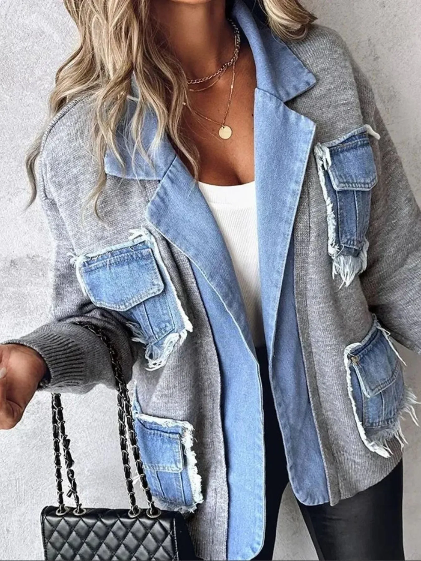 Raw Hem Denim Pocket Patchwork Cardigan - Image 2