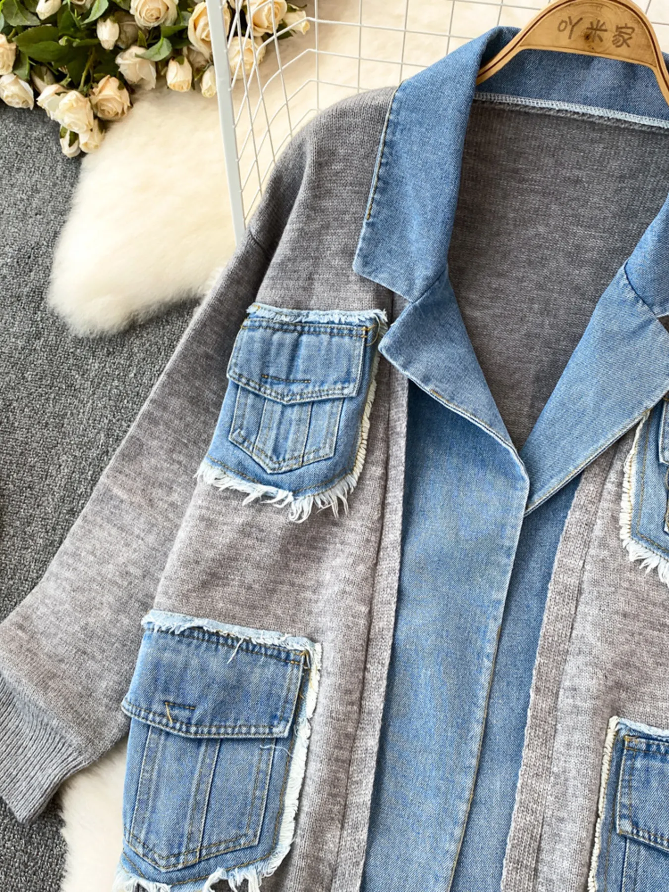 Raw Hem Denim Pocket Patchwork Cardigan - Image 20