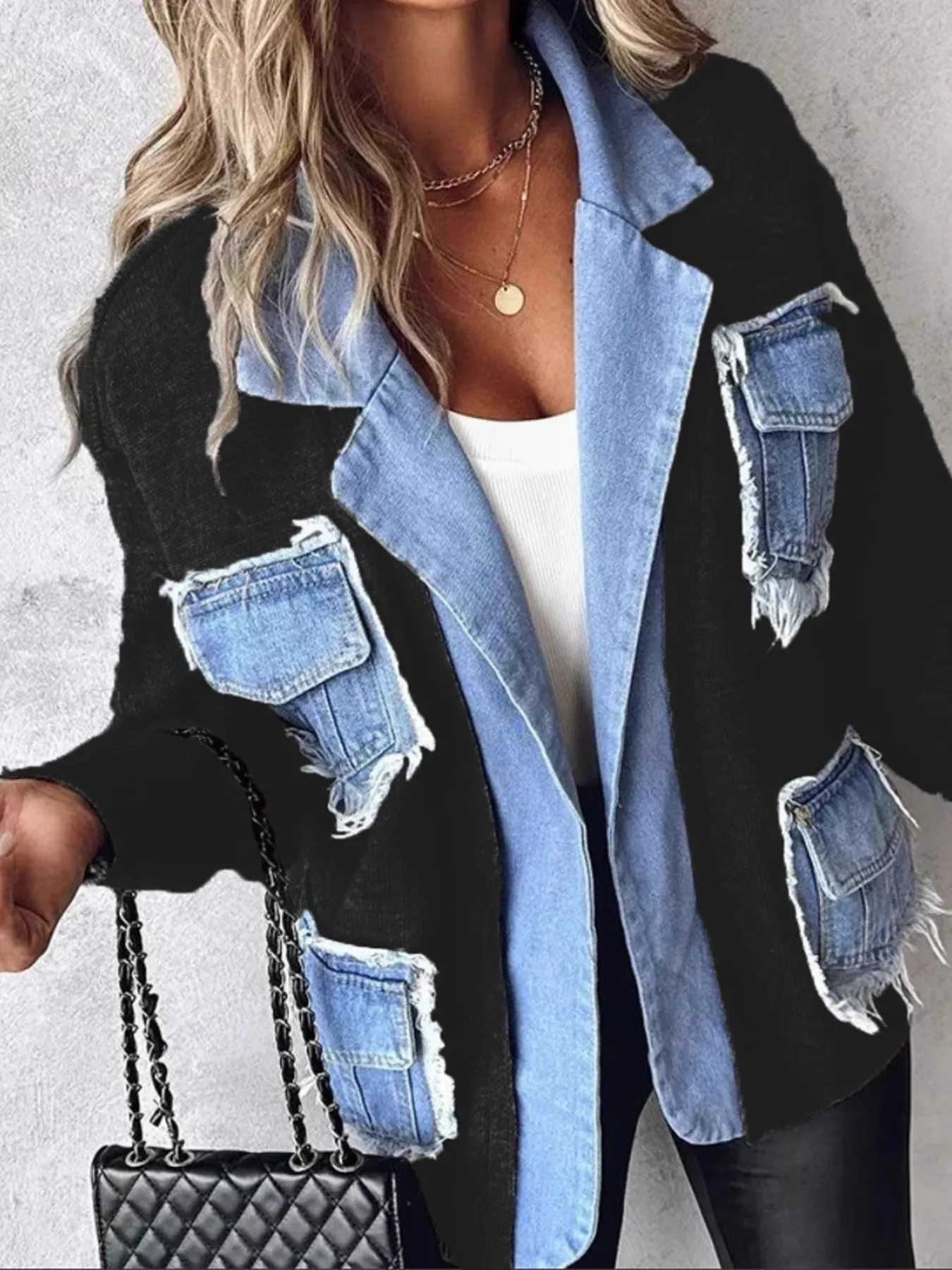 Raw Hem Denim Pocket Patchwork Cardigan - Image 6
