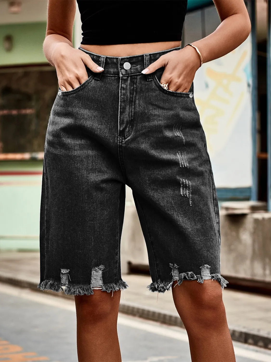 Raw Hem Denim Shorts - Image 7