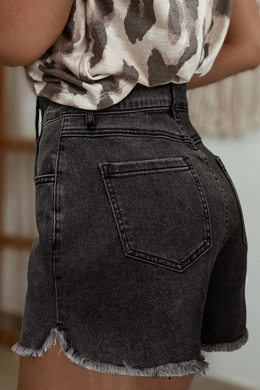 Raw Hem High Waist Denim Shorts - Image 2