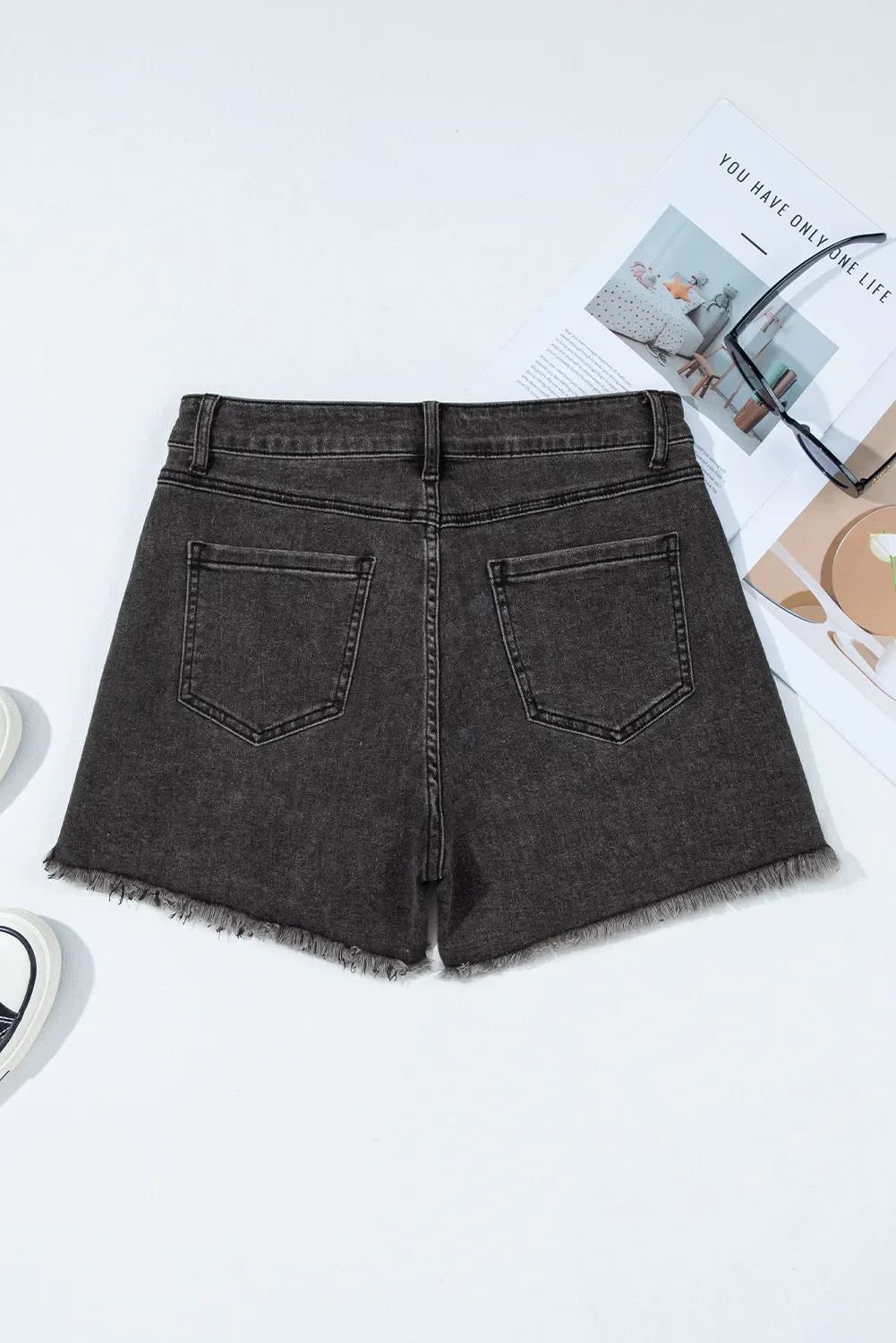 Raw Hem High Waist Denim Shorts - Image 3