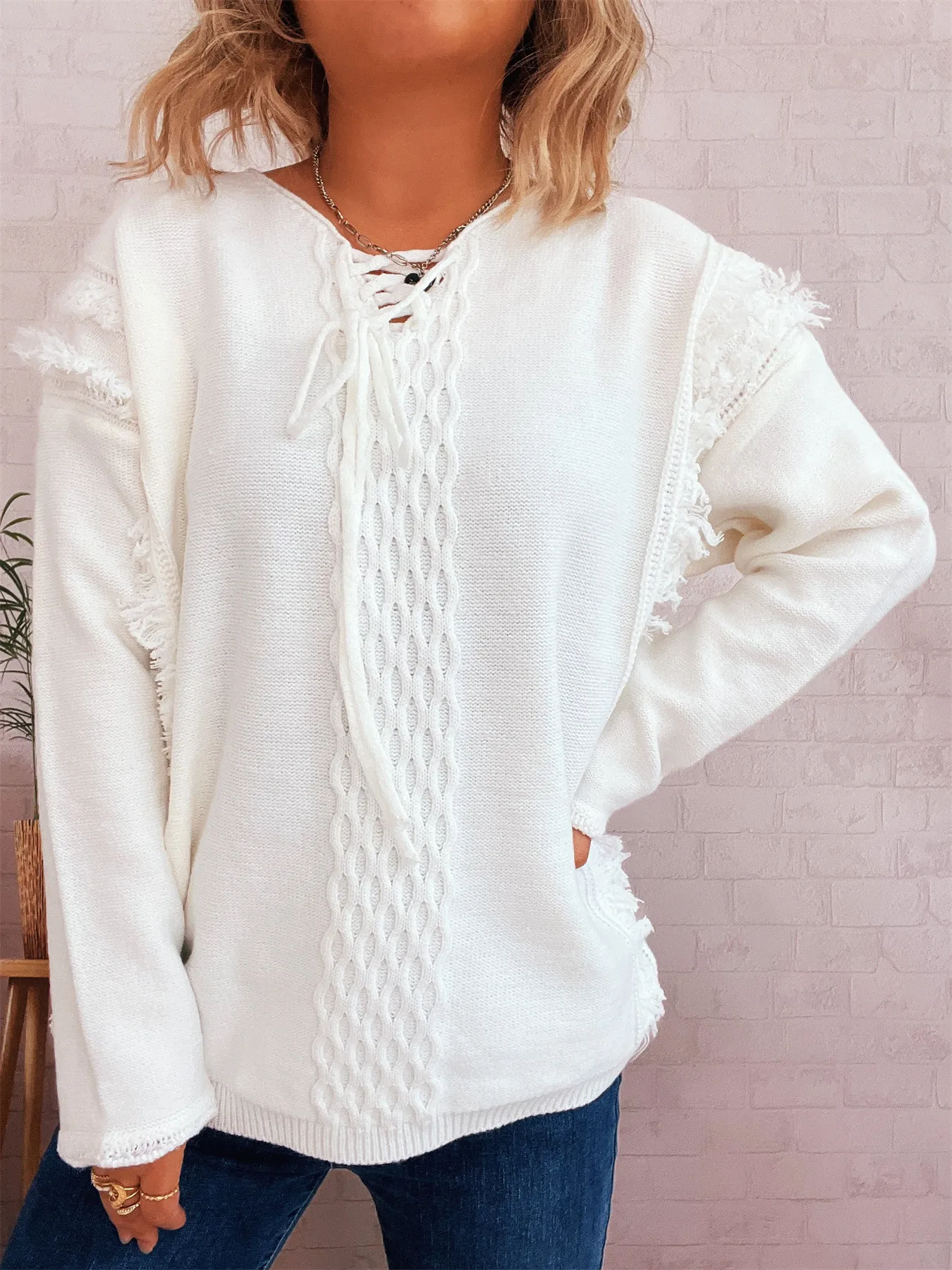 Raw Hem Lace Up Front Sweater - Image 2