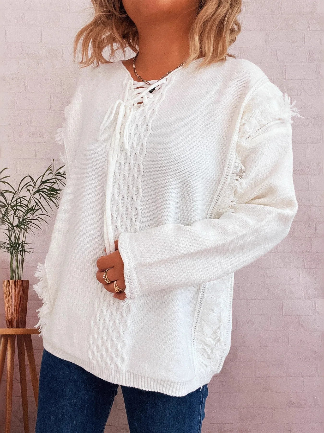 Raw Hem Lace Up Front Sweater - Image 3