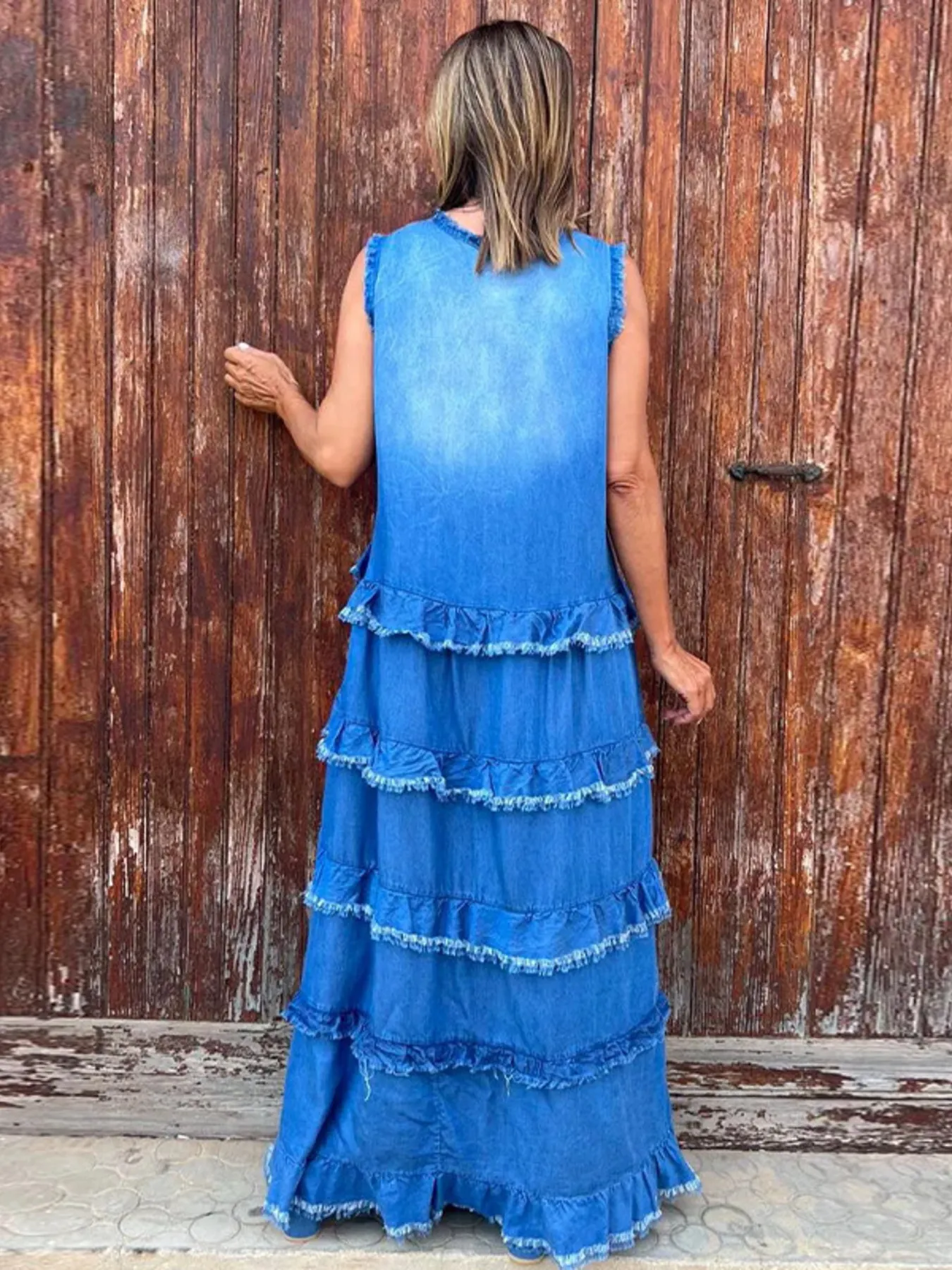 Raw Hem Layered Denim Maxi Dress - Image 2