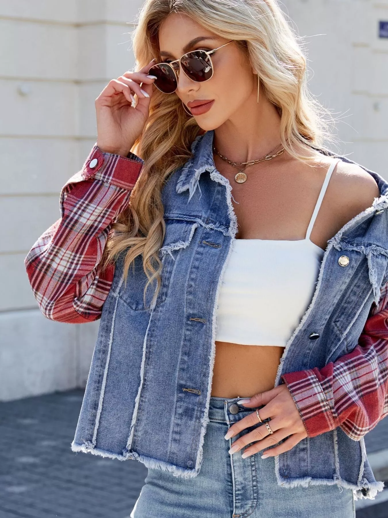 Raw Hem Plaid Sleeve Denim Jacket - Image 6